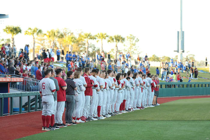 Alabama Baseball stands for the national anthem prior to its contest with the Florida Gators at Condron Family Ballpark in Gainesville, Fla.